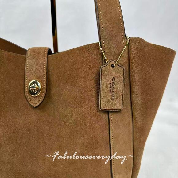 Coach Hadley Turnlock Tote Bag In Suede & Leather Gold/Sienna Brown CCC76 NWT - Picture 6 of 10